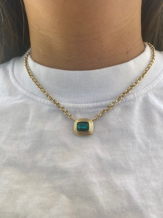 14K Gold 3.24 TCW Natural Blue-Green Tourmaline Rolo Necklace