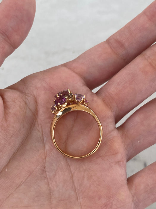Vintage 18K Rose Gold Multi-Gemstone Cluster Ring – Pink Tourmaline, Amethyst, Smoky Quartz & Diamonds | Size 8