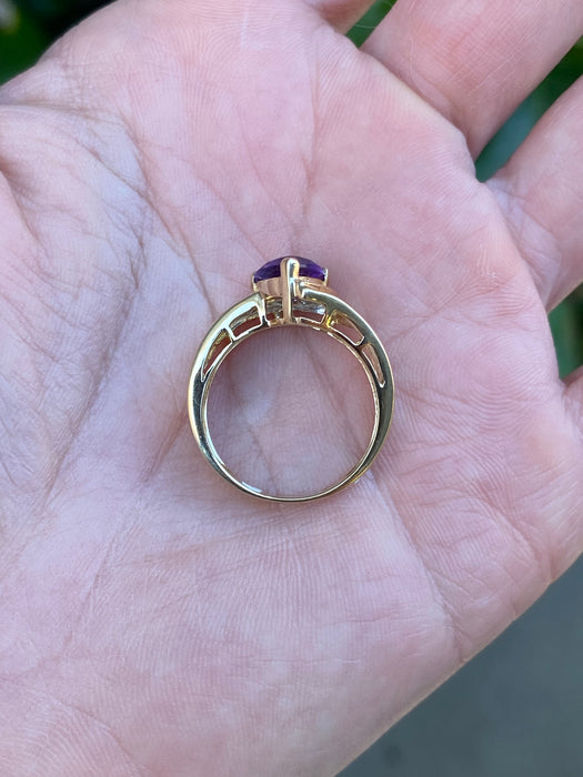 Vintage 14K Gold Trillion Amethyst Diamond Ring – Size 6.5