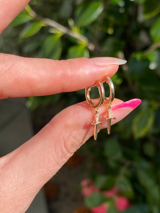 14K Natural Diamond Dagger Sword Huggie Earrings