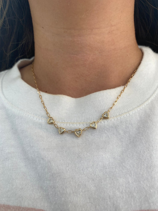 14K Gold Paperclip Necklace with 1.5 TCW Lab Diamond Heart Stations