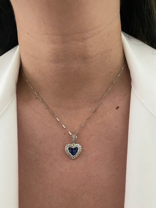 14k white gold diamond and blue sapphire heart pendant