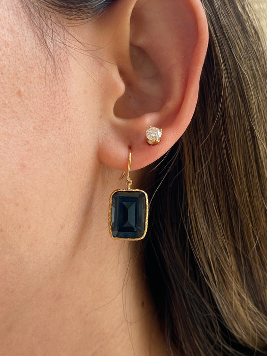 Vintage 18K Gold Bezel-Set London Blue Topaz Hook Earrings
