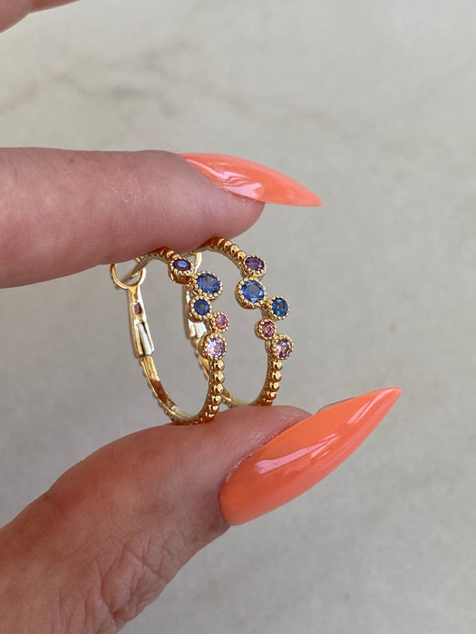 14K Gold Bubble Bezel Set Rainbow Hoop Earrings