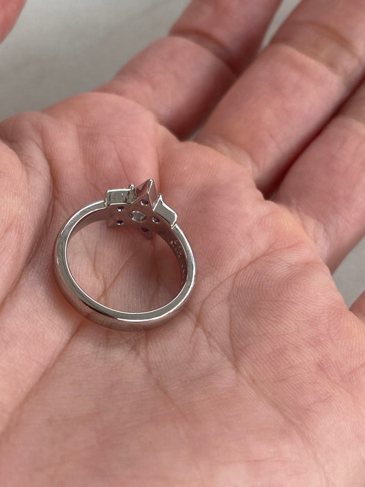 Vintage Platinum 900 Ruby & Heart Diamond Star Ring | 0.62 TCW | Size 4.75