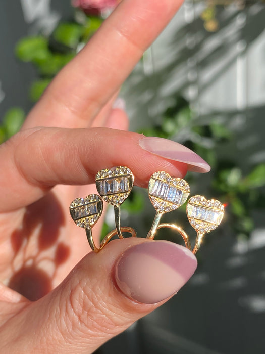 Vintage 18K Gold Diamond Double Heart Stud Earrings – 1 CTW Baguette & Round Diamonds
