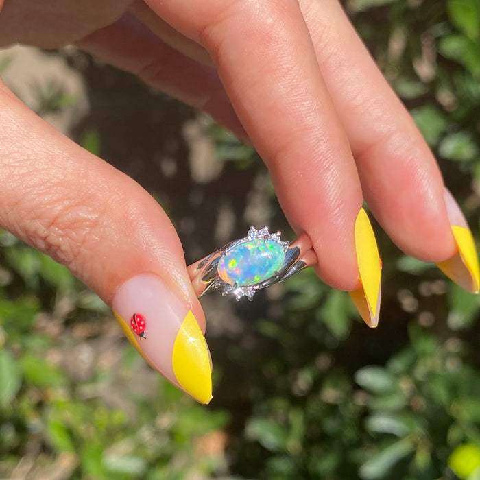 Vintage Platinum 900 Opal Diamond Ring Size 6