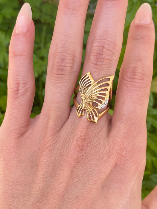 Vintage 18K Gold Diamond Butterfly Ring – Size 7