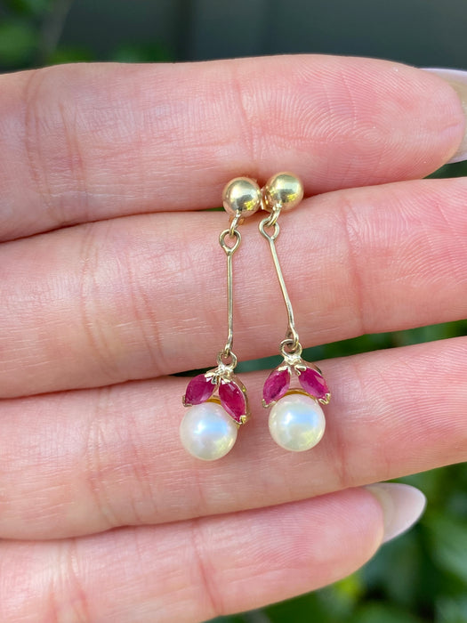 14K Gold Ruby & Pearl Dangle Earrings