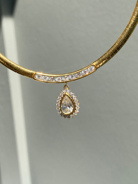 Vintage 18K Gold Diamond Herringbone Necklace 16” – 2.65 TCW Pear Halo Pendant