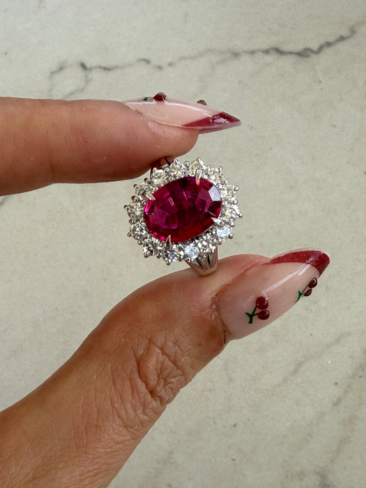 Vintage Platinum 900 Rubellite Tourmaline & Diamond Halo Ring