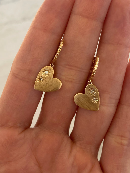 14K Gold Diamond Heart Charm Huggie Earrings