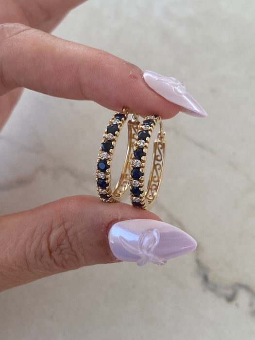Vintage 14K Gold Blue Sapphire & Diamond Hoop Earrings