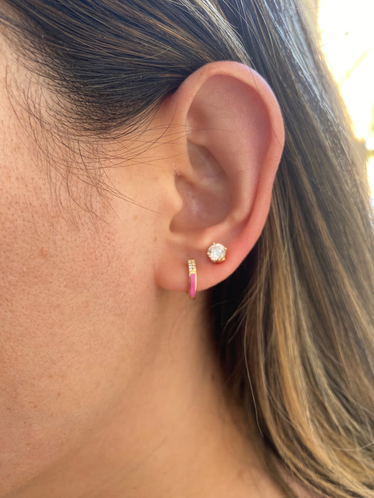 14K Gold Pink Enamel Diamond Huggie Earrings
