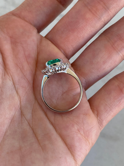 Vintage Platinum 900 Natural Emerald & Diamond Halo Ring