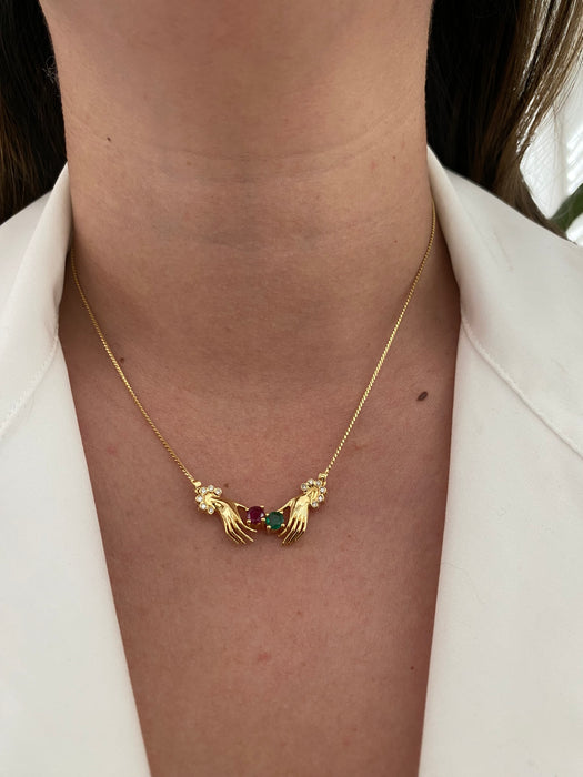 Vintage 18K Gold Hand Necklace with Ruby, Emerald & Diamond Accents – 16.25”