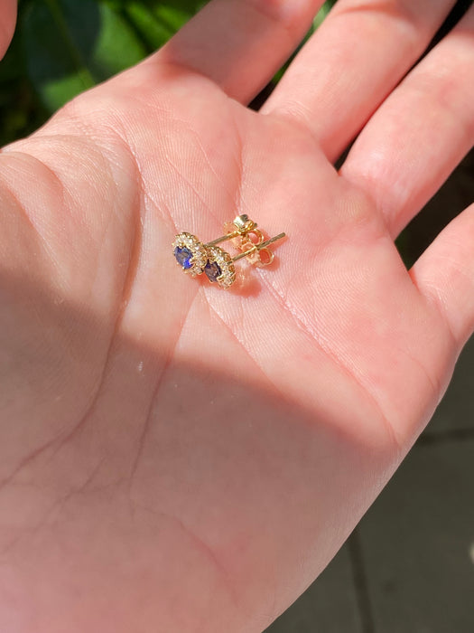 14k blue sapphire diamond halo stud earrings