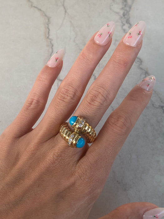 Vintage 14K Gold Turquoise & White Sapphire Bypass Ring