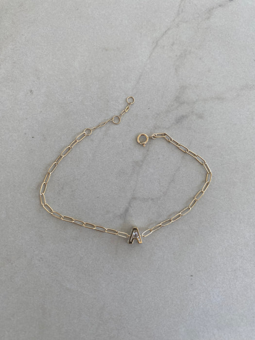 14K Gold Paperclip Bracelet with Lab Diamond Letter A Charm