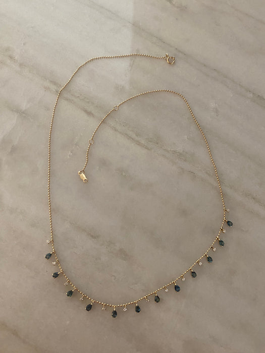 14K Blue-Green Sapphire & Diamond Charm Bead Chain Necklace