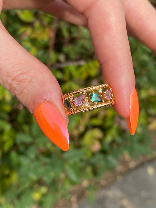 Vintage 18K Gold Pink & Green Tourmaline Diamond Ring – Size 6