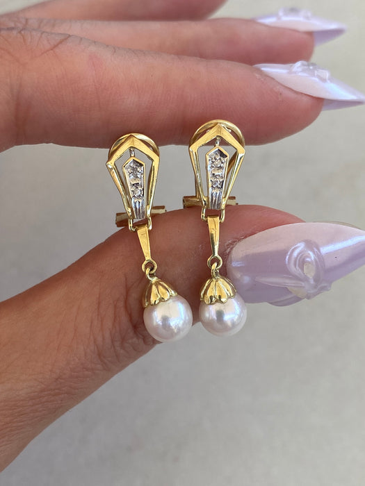 Vintage 14K Pearl & Diamond Omega Back Earrings