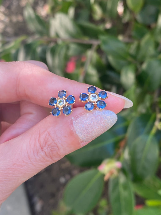 14k blue sapphire and diamond flower stud earrings