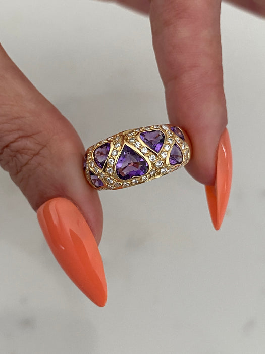 Vintage 18K Gold Amethyst Heart Ring with Diamond Accents – Size 7