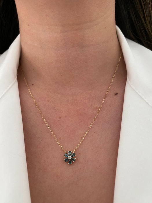 14K Gold Mini Paperclip Chain Necklace with London Blue Topaz Diamond Flower Charm