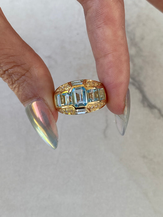 Vintage 18K Gold Blue Topaz & Diamond Geometric Ring – 2.84 TCW Blue Topaz