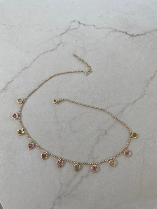 14K Multi-Gemstone Heart Station Bead Necklace