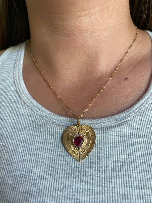 14K Natural Ruby & Diamond Fluted Heart Charm