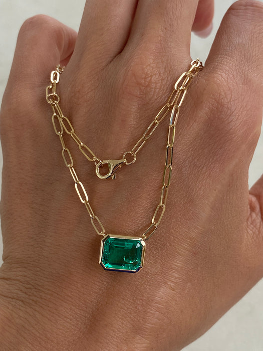 14K Gold Paperclip Chain Necklace with Lab-Grown Emerald Pendant