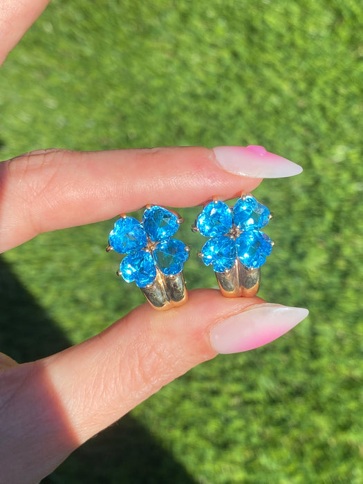 Vintage 14K Gold Blue Topaz Heart Flower Earrings