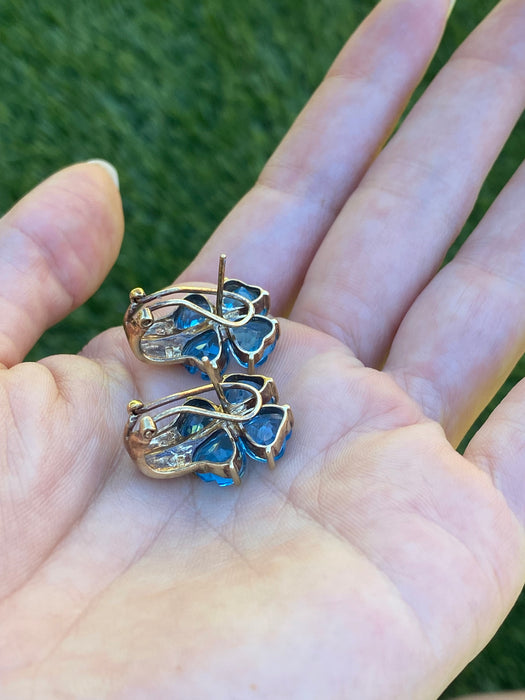 Vintage 14K Gold Blue Topaz Heart Flower Earrings