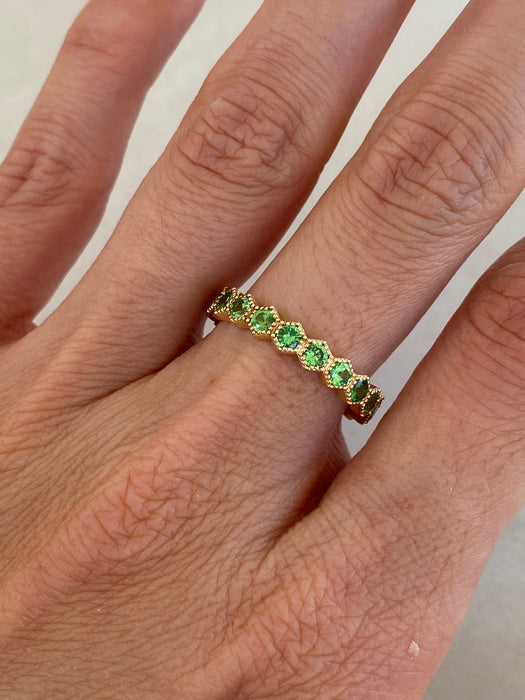 14K Gold Tsavorite Garnet Hexagon Eternity Ring with Milgrain Detail
