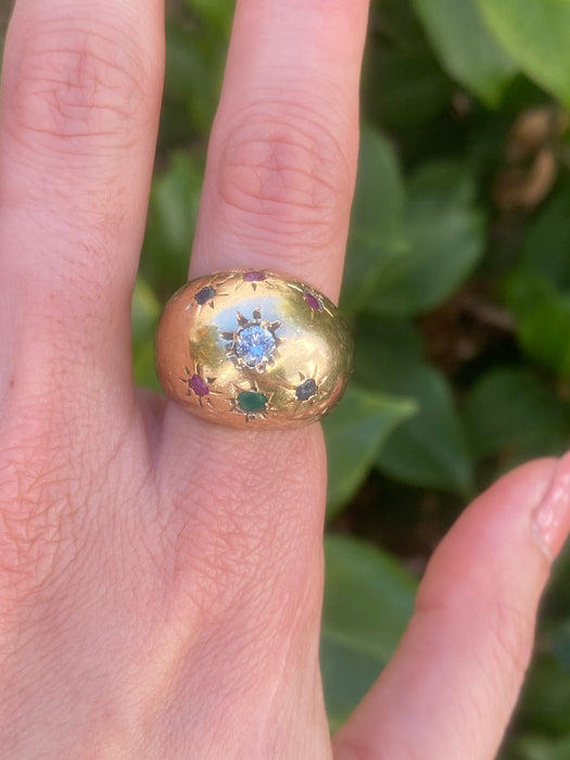 14k bombe with diamond blue sapphire emerald and ruby ring size 5