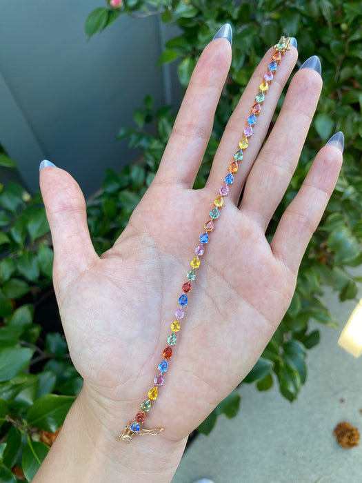 14k Gold Pear Cut Rainbow Sapphire Tennis Bracelet | Multicolor Sapphire Bracelet