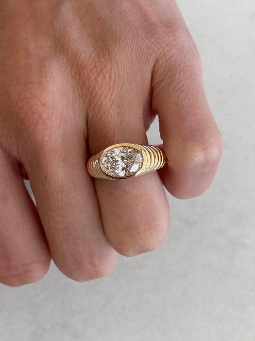 14K Gold Ribbed Bezel Set Lab Diamond Oval Ring – 2.09 Carat IGI Certified