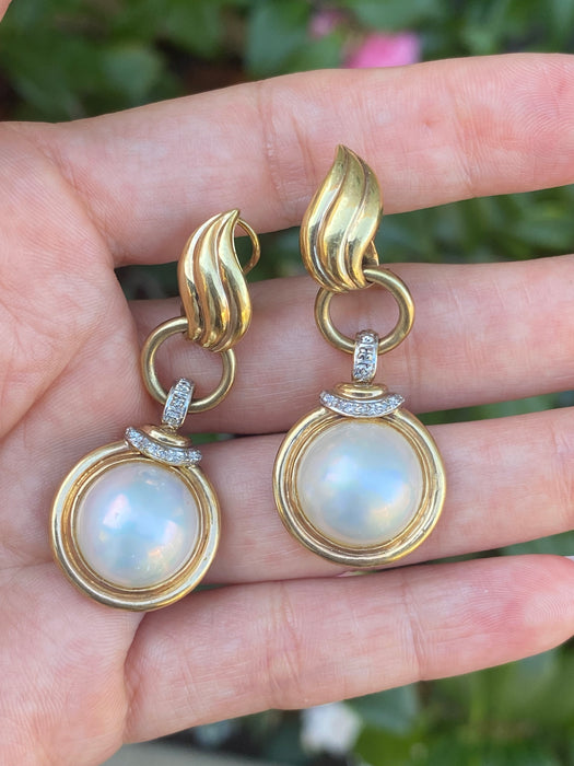 Vintage 14K Diamond & Mabe Pearl Omega Back Earrings