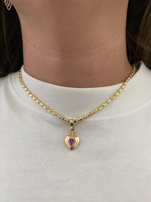 14K Gold Double Bezel Pink Sapphire Heart Charm