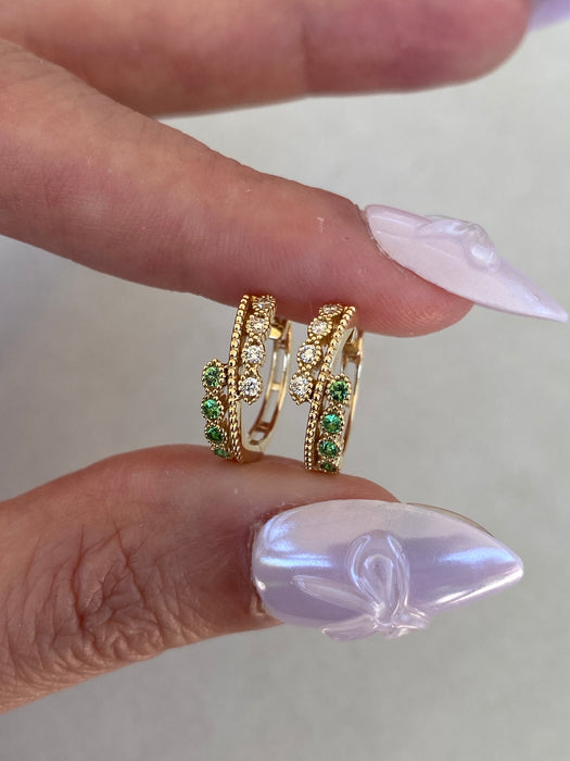 14K Gold Green Garnet & Diamond Huggie Earrings