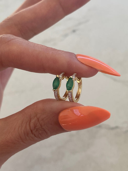 14K Gold Emerald & Diamond Marquise Huggie Earrings