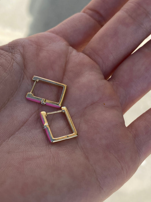14k pink enamel diamond rectangular huggie earrings