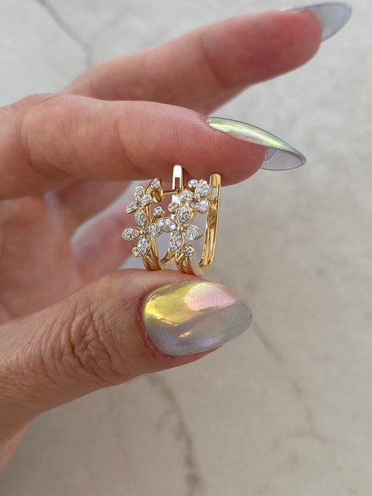 14K Natural Diamond Flower Huggie Earrings