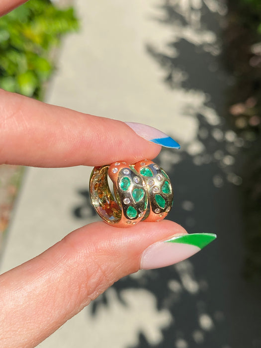 14k emerald fancy diamond heart hoop earrings