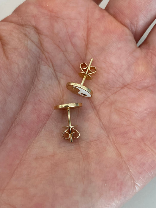 14K Gold White Enamel Yin Yang Diamond Stud Earring