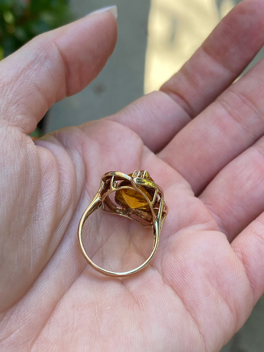 Vintage 14K Gold Pear Citrine & Diamond Ring