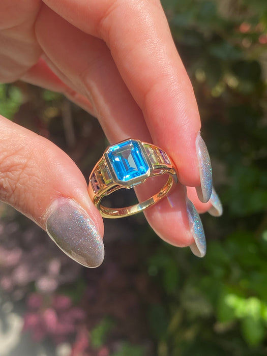 18k blue topaz, peridot, citrine amethyst ring size 6.5