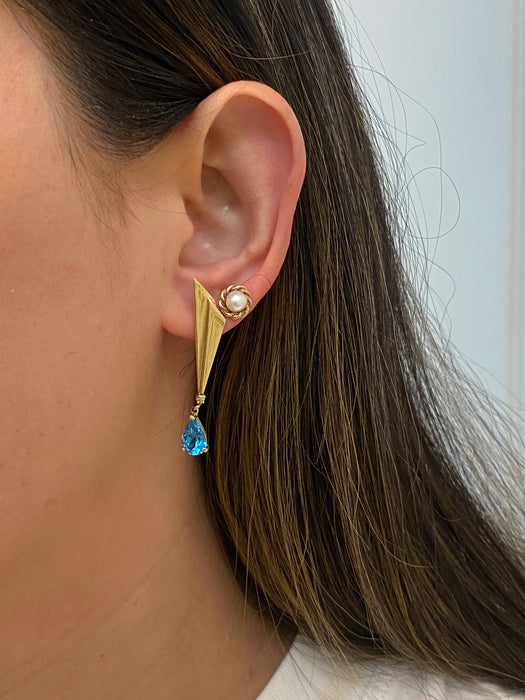 Vintage 14K Gold Blue Topaz Diamond Dangle Earrings
